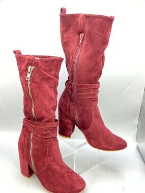 Very G Women's Mid-Calf Boots Size 6 Burgundy Suede Block Heel Side Zipper